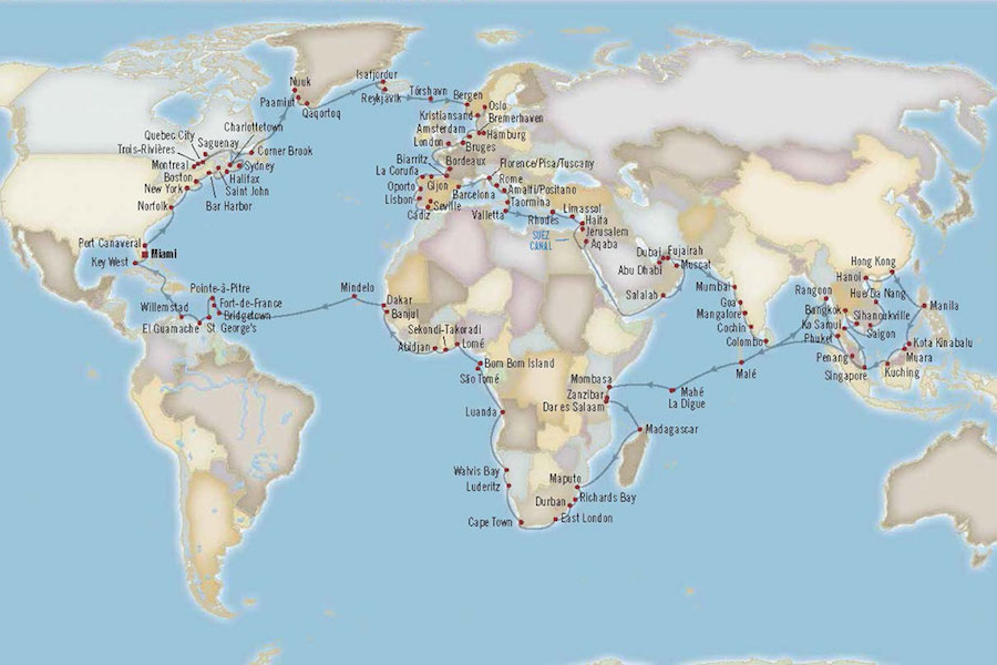 ภาพรวมเส้นทางล่องเรือสำราญ : เส้นทางรอบโลก World Cruise